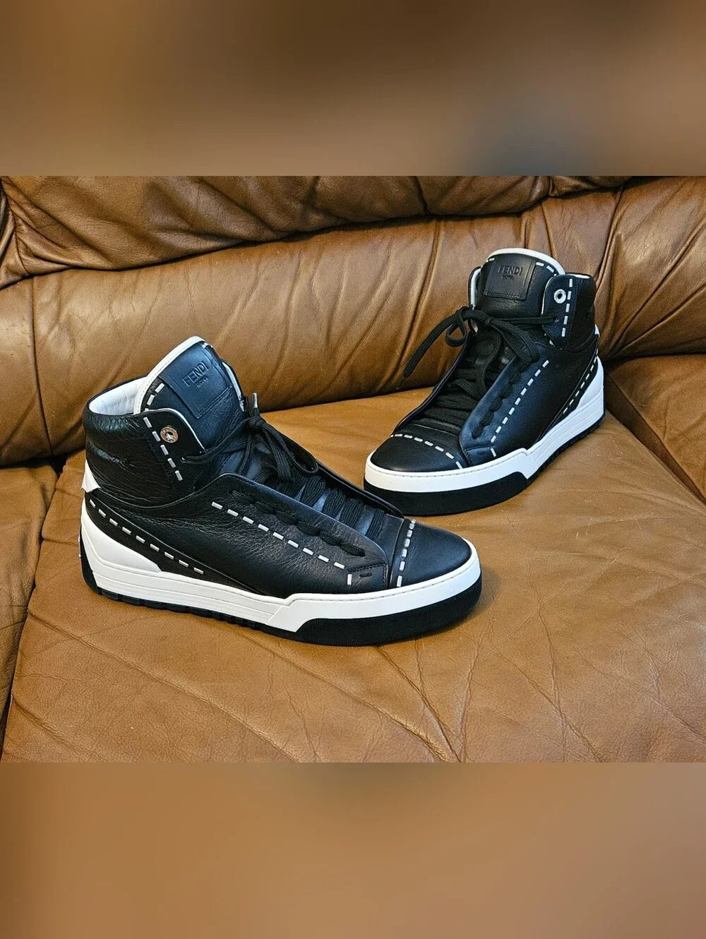 Men's Fendi Black Leather Designer High-End Sneakers Size 7 US